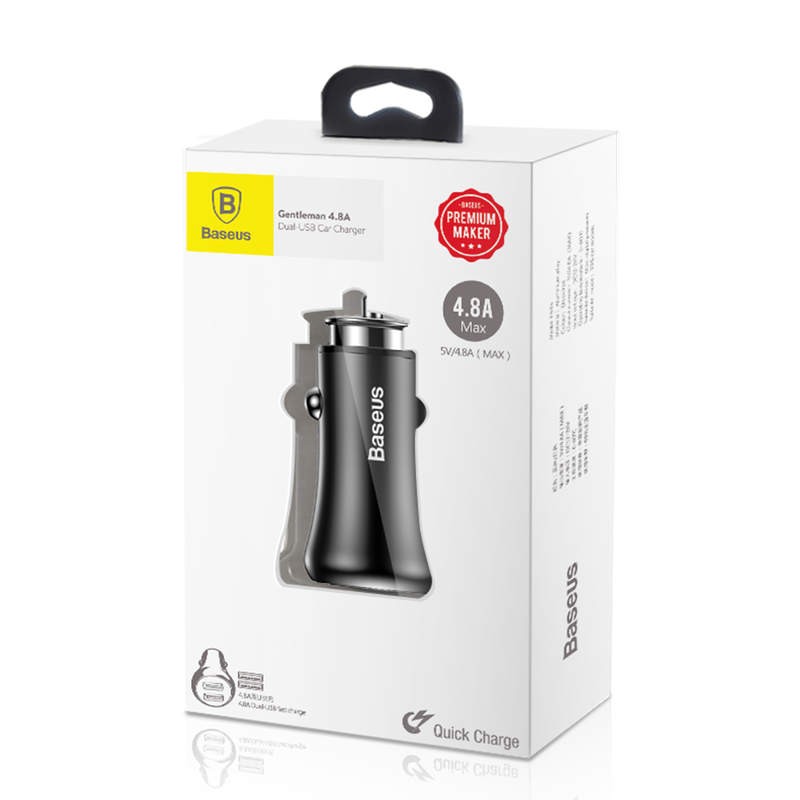 CARREGADOR DE CARRO PRETO BASEUS GENTLEMAN 4.8A USB X2 CCALL-GB01
