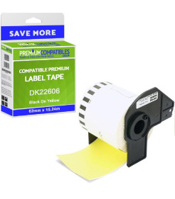 Brother DK22606 - Etiquetas Genericas de Tamanho personalizado – 62mm x 15,24 metros - Texto negro sobre fundo amarelo