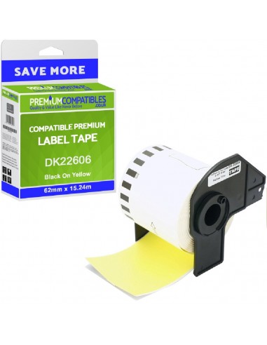 Brother DK22606 - Etiquetas Genericas de Tamanho personalizado – 62mm x 15,24 metros - Texto negro sobre fundo amarelo