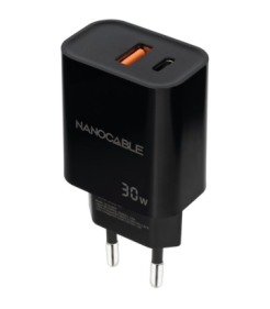 Nanocable Carregador de Parede USB-C/PD + USB-A/QC 30W - Cor Negro