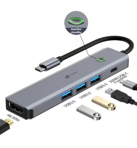 Leotec Adaptador 6 em 1 USB-C a 1xHDMI, 3xUSB-A 3.0, 1xPD 100W+USB-C - Cinzento