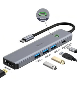 Leotec Adaptador 6 em 1 USB-C a 1xHDMI, 3xUSB-A 3.0, 1xPD 100W+USB-C - Cinzento